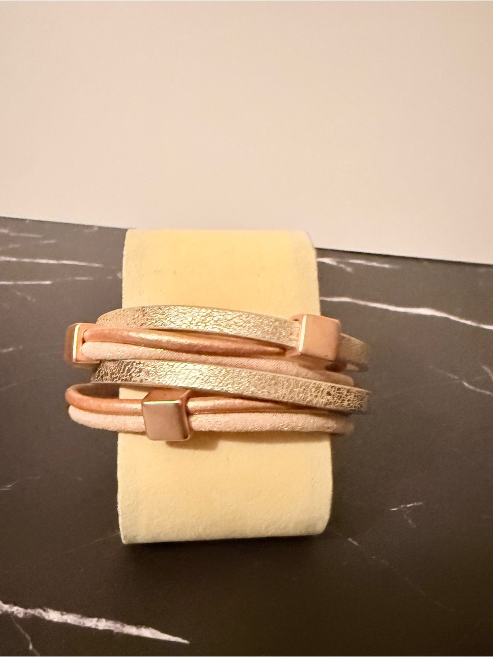 Rose Gold Multi-Strand Leather Wrap Magnetic Clasp Bracelet